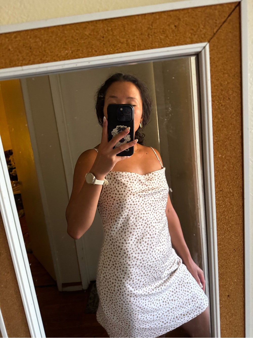 bohme Cream Slip Midi Dress with Tiny Brown Floral Print